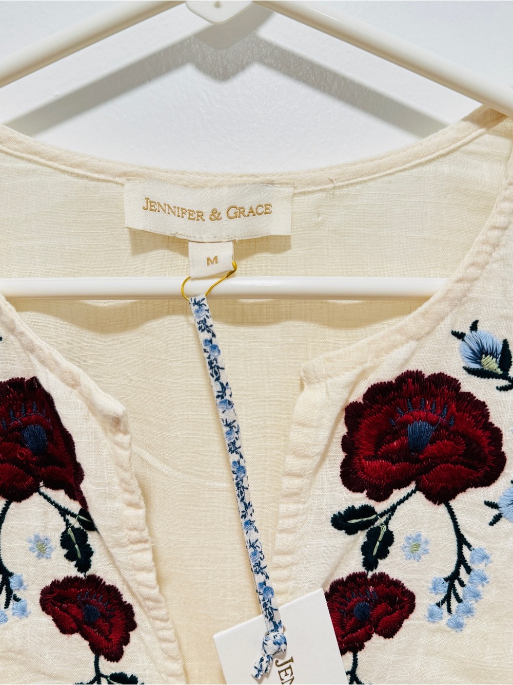 Jennifer & Grace Cream Embroidered Floral Lace-Trim Blouse - Picture 10 of 11